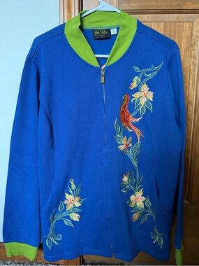 Vintage Bob Mackie Blue Jacket with Lime Green Trim and Gold Logo